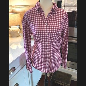 Banana Republic cranberry and white checked shirt.